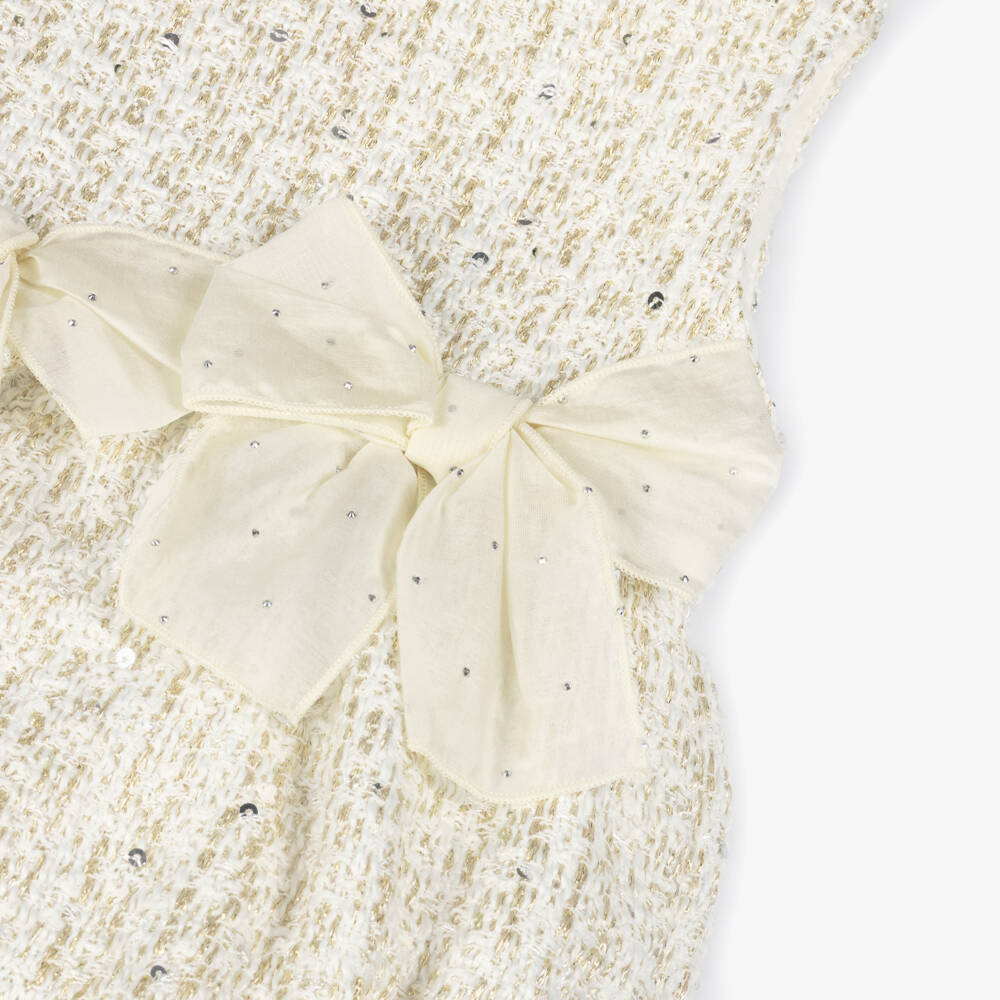 Phi Clothing-Baby Girls Ivory & Gold Tweed Shortie with Bows | Childrensalon Outlet