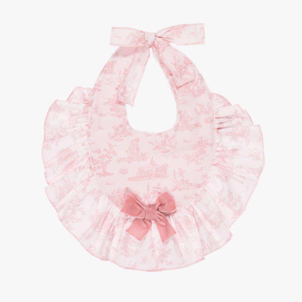 Phi Clothing-Baby Girls Pink Cotton Toile de Jouy Bib with Velvet Bow | Childrensalon Outlet