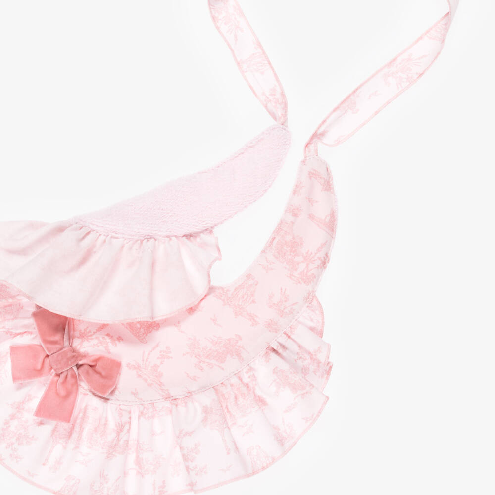 Phi Clothing-Baby Girls Pink Cotton Toile de Jouy Bib with Velvet Bow | Childrensalon Outlet