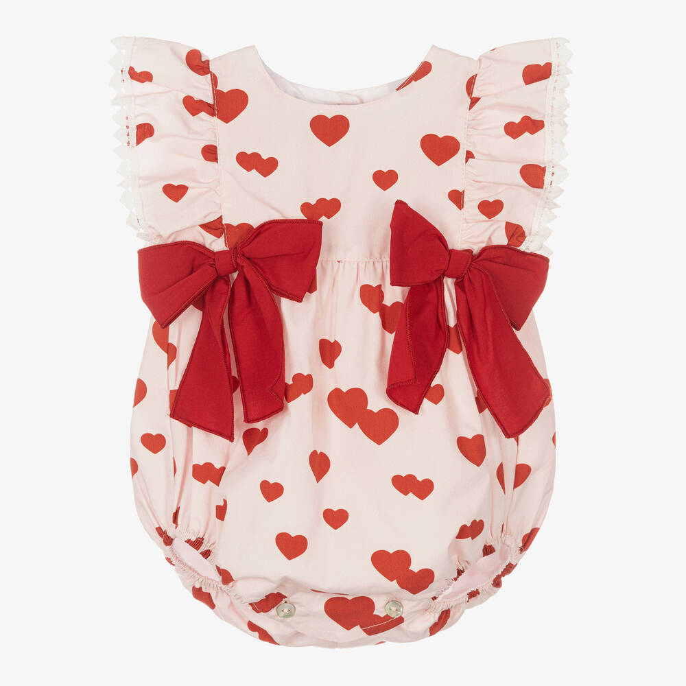 Phi Clothing - Barboteuse rose à cœurs rouges bébé | Childrensalon