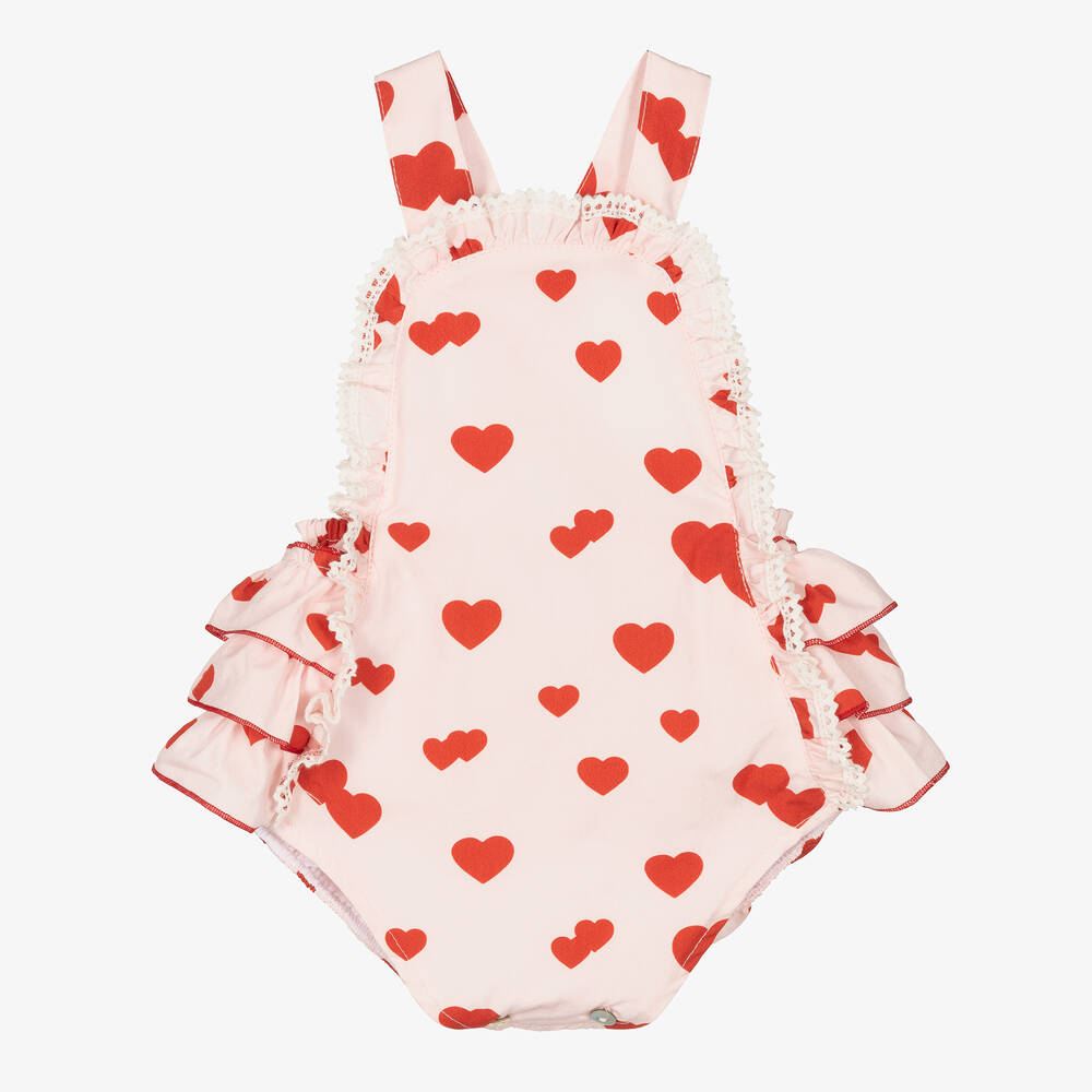 Phi Clothing - Barboteuse rose à cœurs rouges bébé | Childrensalon
