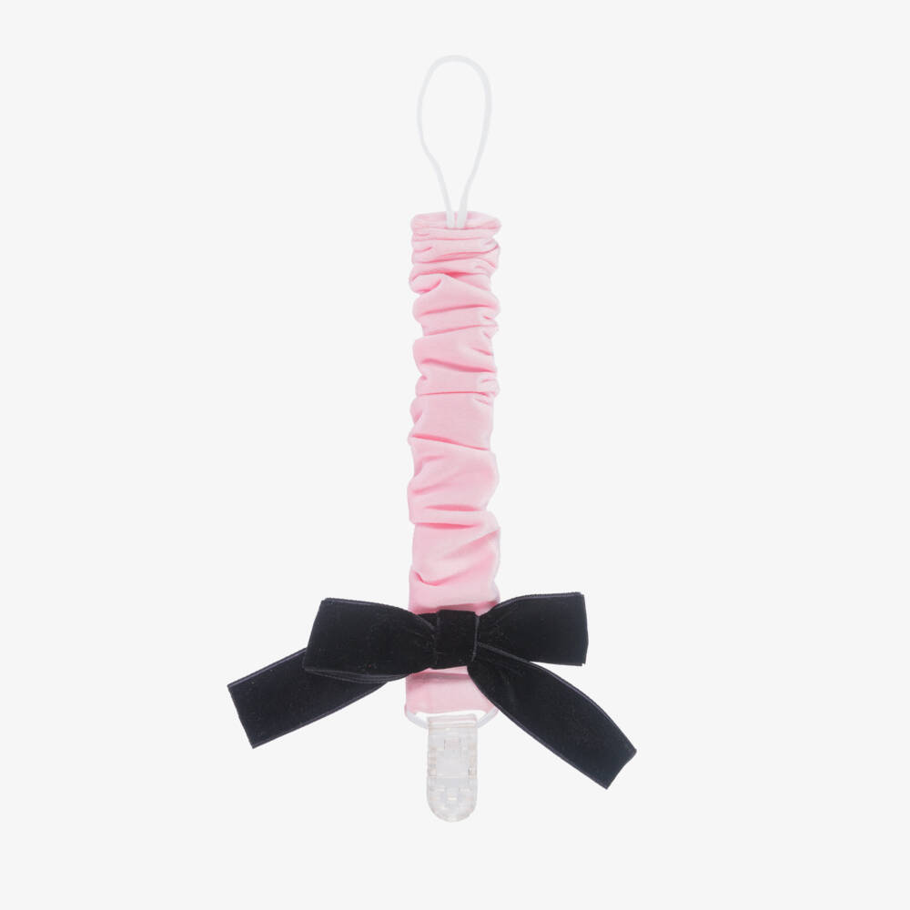 Phi Clothing-Baby Girls Pink Velvet Dummy Clip with Black Bow | Childrensalon Outlet