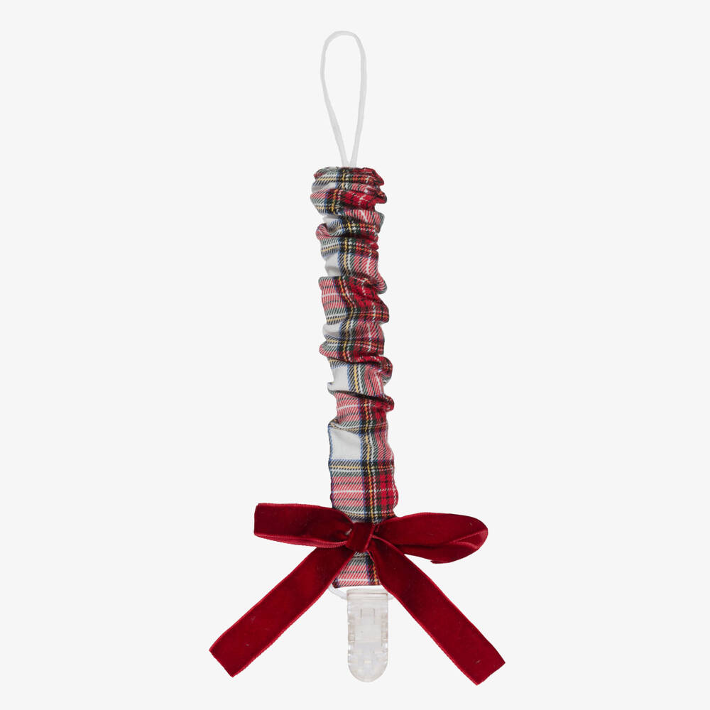 Phi Clothing-Baby Girls Red & White Tartan Dummy Clip with Red Velvet Bow | Childrensalon Outlet