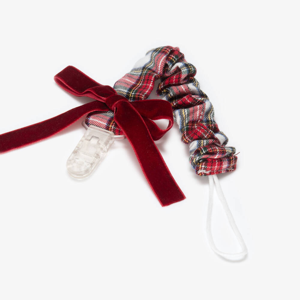 Phi Clothing-Baby Girls Red & White Tartan Dummy Clip with Red Velvet Bow | Childrensalon Outlet
