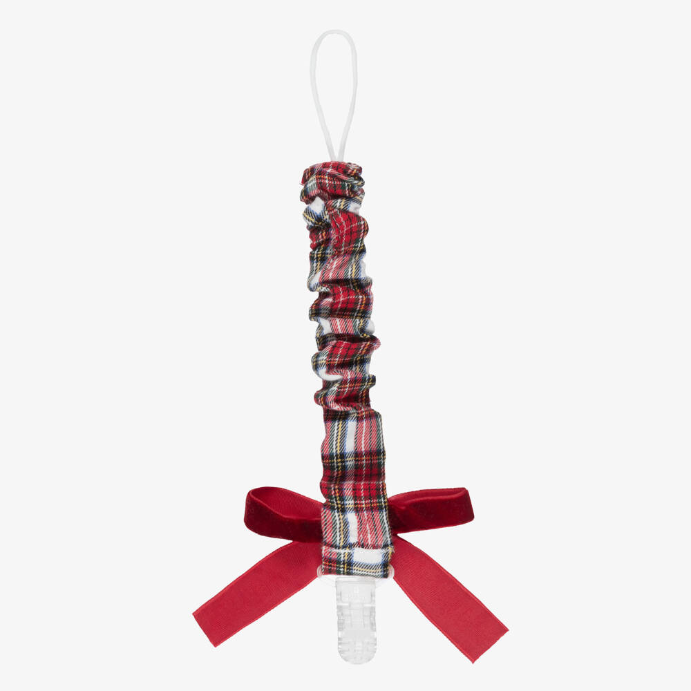 Phi Clothing-Baby Girls Red & White Tartan Dummy Clip with Red Velvet Bow | Childrensalon Outlet