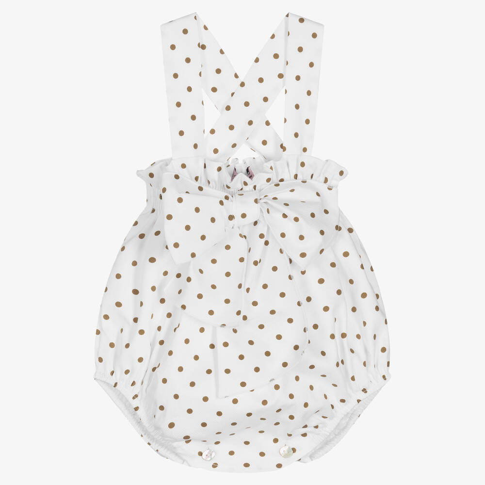 Phi Clothing - Baby Girls White & Beige Polka Dot Shortie | Childrensalon