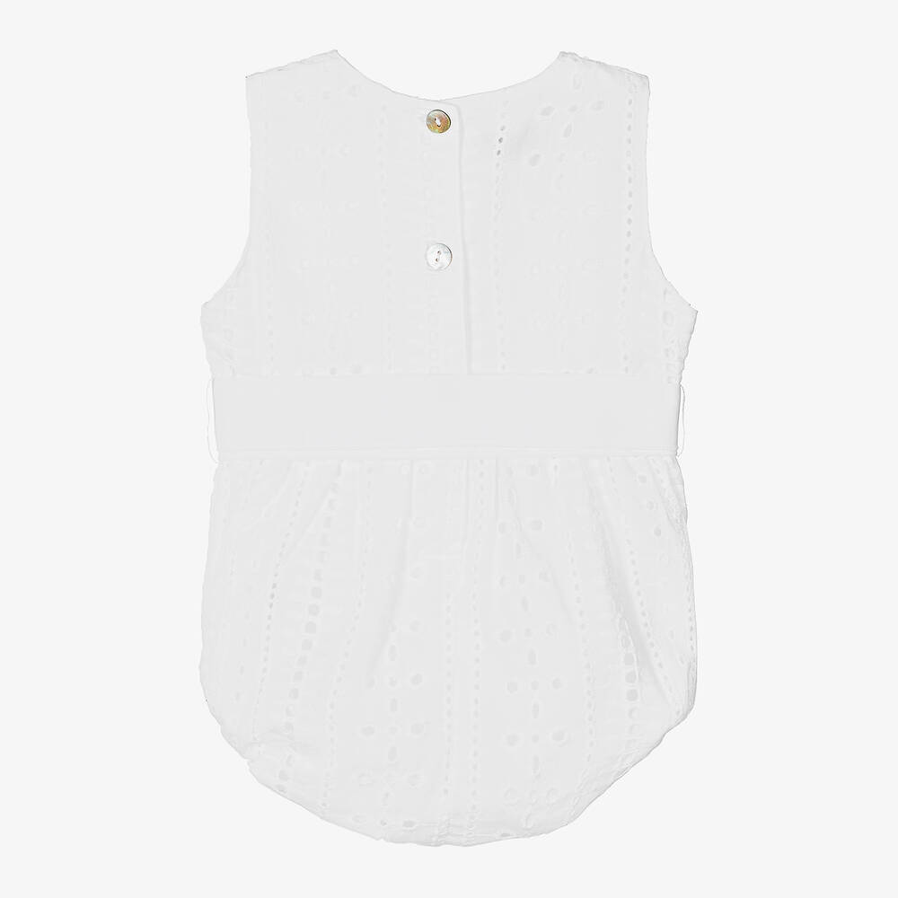 Phi Clothing-Белый хлопковый песочник с вышивкой английской гладью для малышек | Childrensalon Outlet