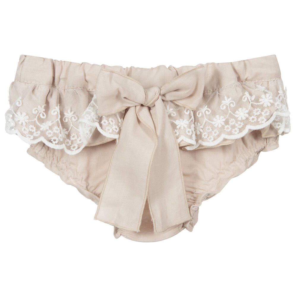 Phi Clothing-Beige Linen & Lace Bloomer Shorts | Childrensalon Outlet