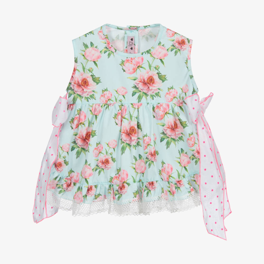 Phi Clothing-Голубая хлопковая блузка с цветочным рисунком | Childrensalon Outlet