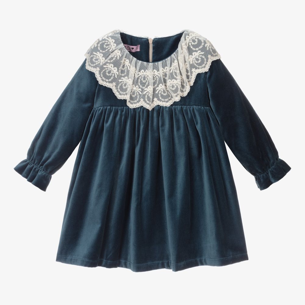 Phi Clothing - Blaues Samtkleid mit Spitze  | Childrensalon