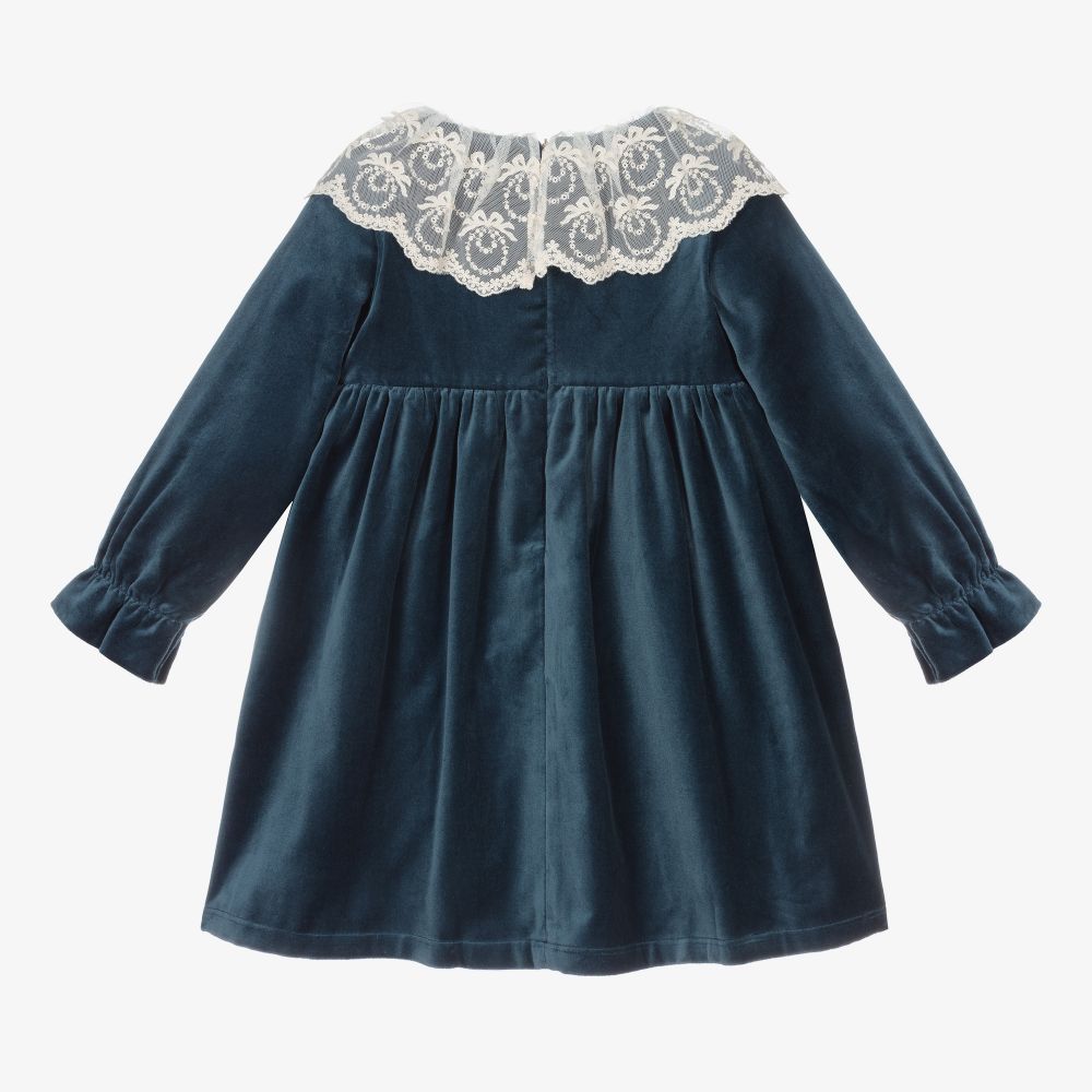 Phi Clothing-Синее бархатное платье с кружевом | Childrensalon Outlet
