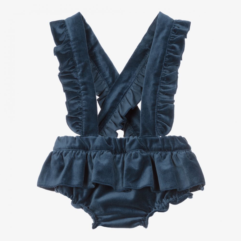 Phi Clothing - Short à bretelles velours bleu | Childrensalon
