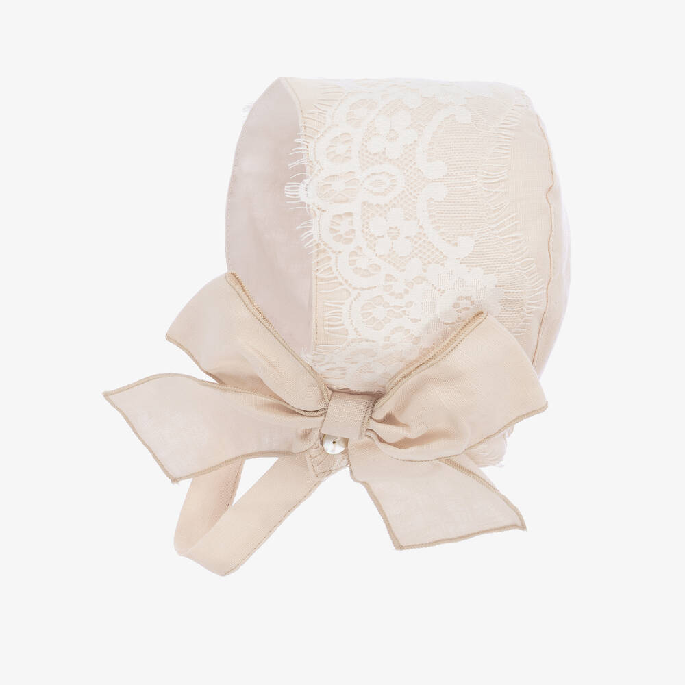Phi Clothing-Girls Beige Cotton Lace Bonnet | Childrensalon Outlet