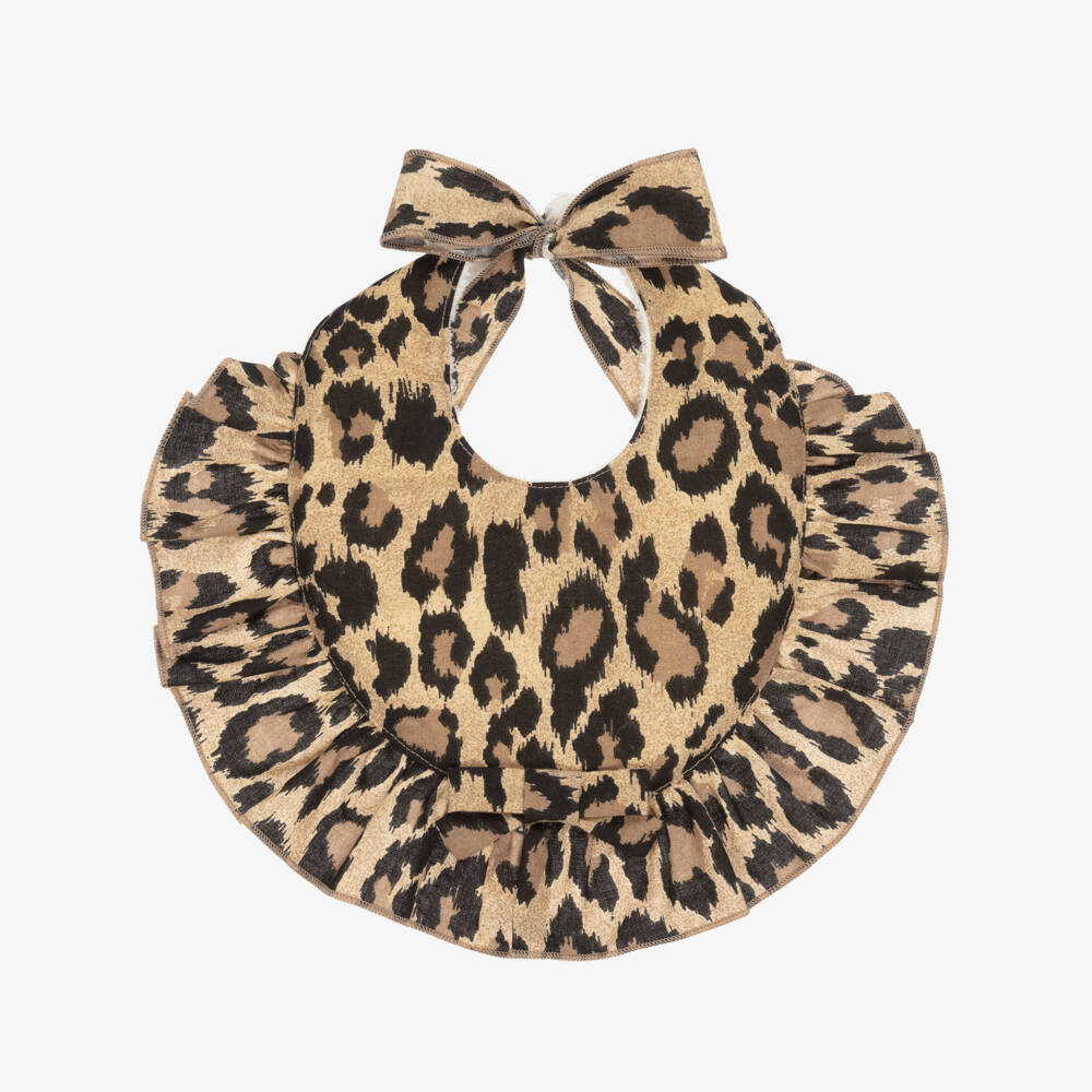 Phi Clothing-Слюнявчик из бежевого хлопка с диким котом для девочек | Childrensalon Outlet