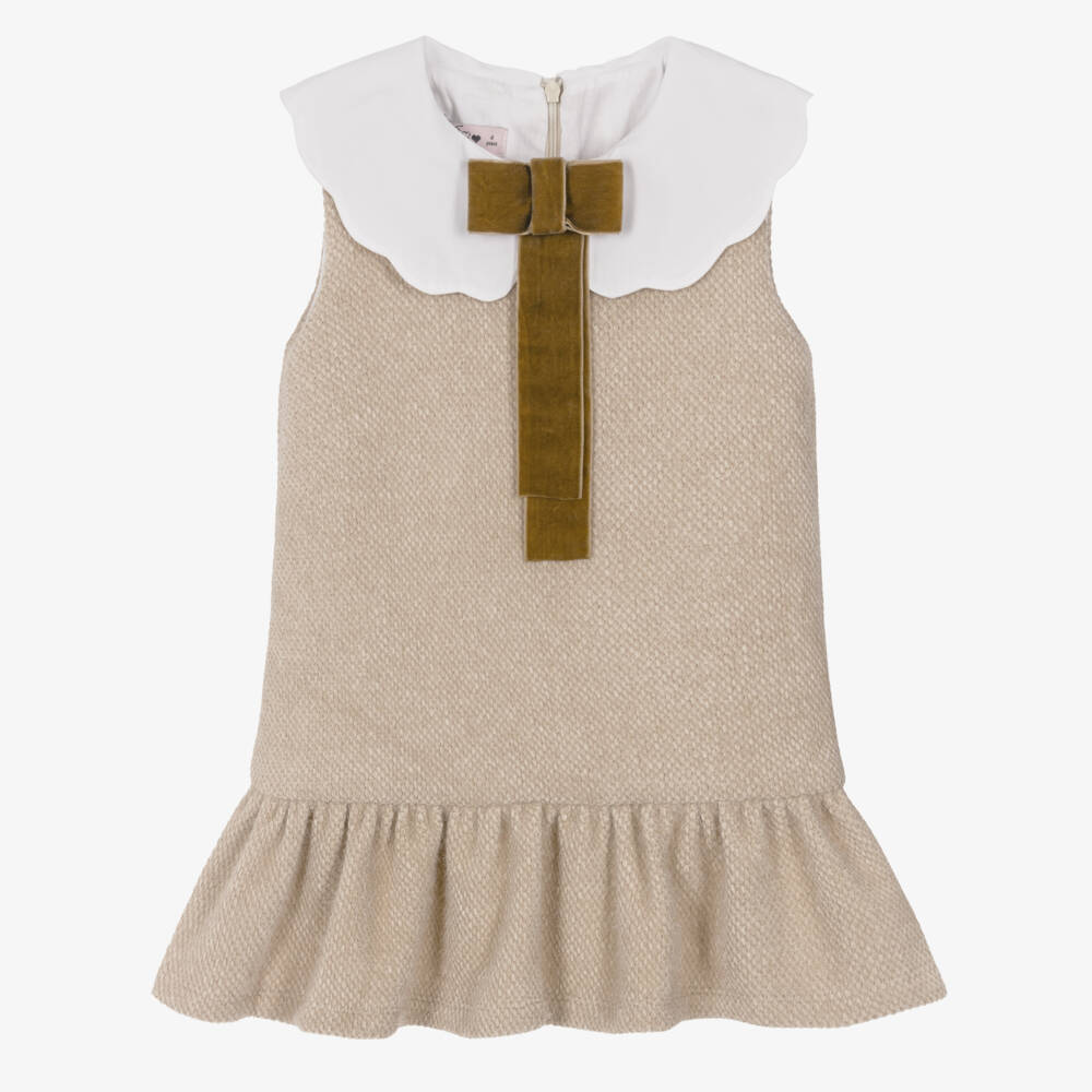 Phi Clothing-Girls Beige Fluffy Jersey Dress with Scalloped Bow Collar | Childrensalon Outlet