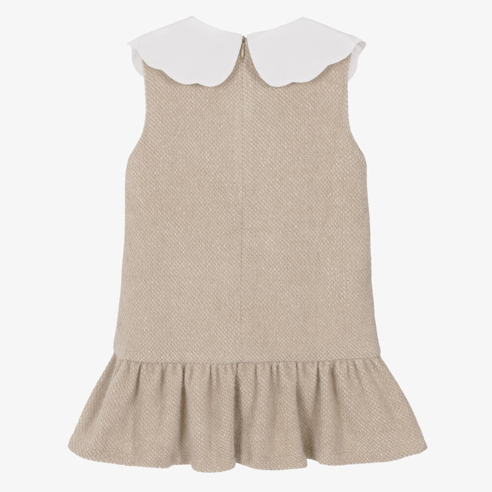 Phi Clothing-Girls Beige Fluffy Jersey Dress with Scalloped Bow Collar | Childrensalon Outlet