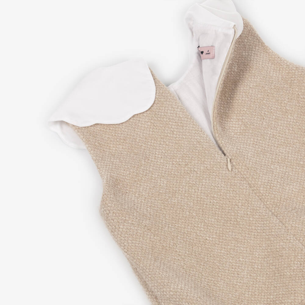 Phi Clothing-Girls Beige Fluffy Jersey Dress with Scalloped Bow Collar | Childrensalon Outlet
