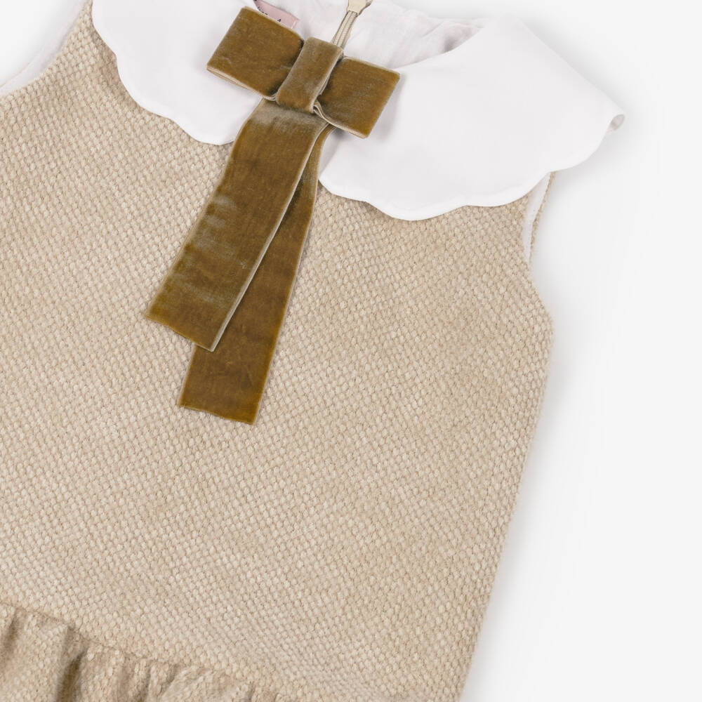 Phi Clothing-Girls Beige Fluffy Jersey Dress with Scalloped Bow Collar | Childrensalon Outlet