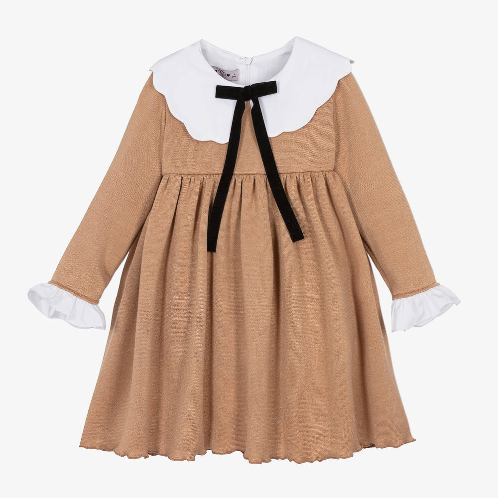 Phi Clothing - Girls Beige Knitted Viscose Dress | Childrensalon