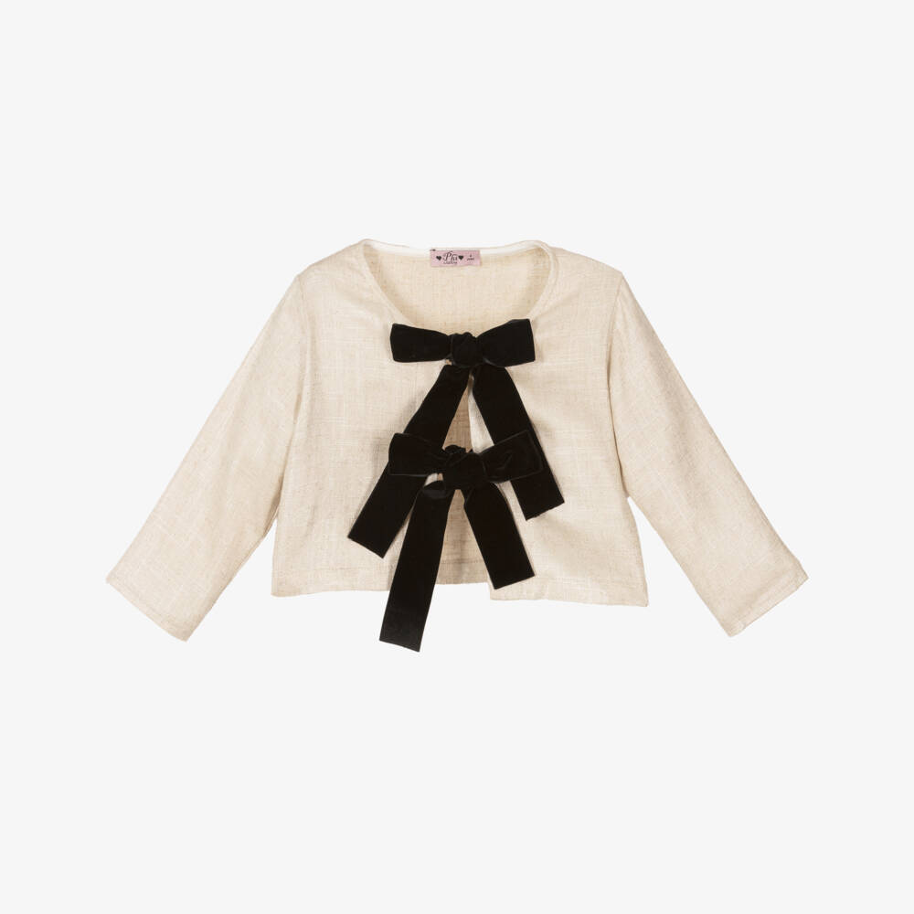 Phi Clothing-كنزة بيج من الكتان للبنات مع شريط | Childrensalon Outlet
