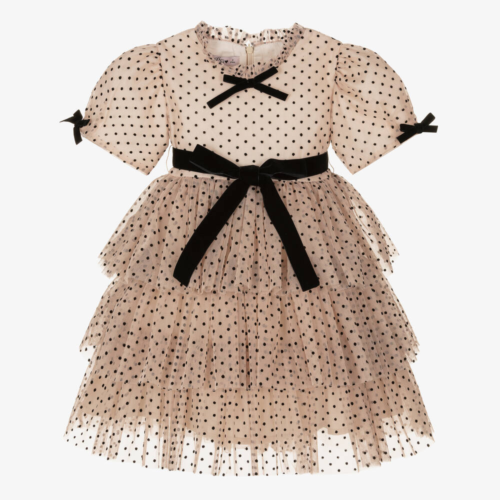 Phi Clothing - Girls Beige Polka Dot Tulle Dress | Childrensalon