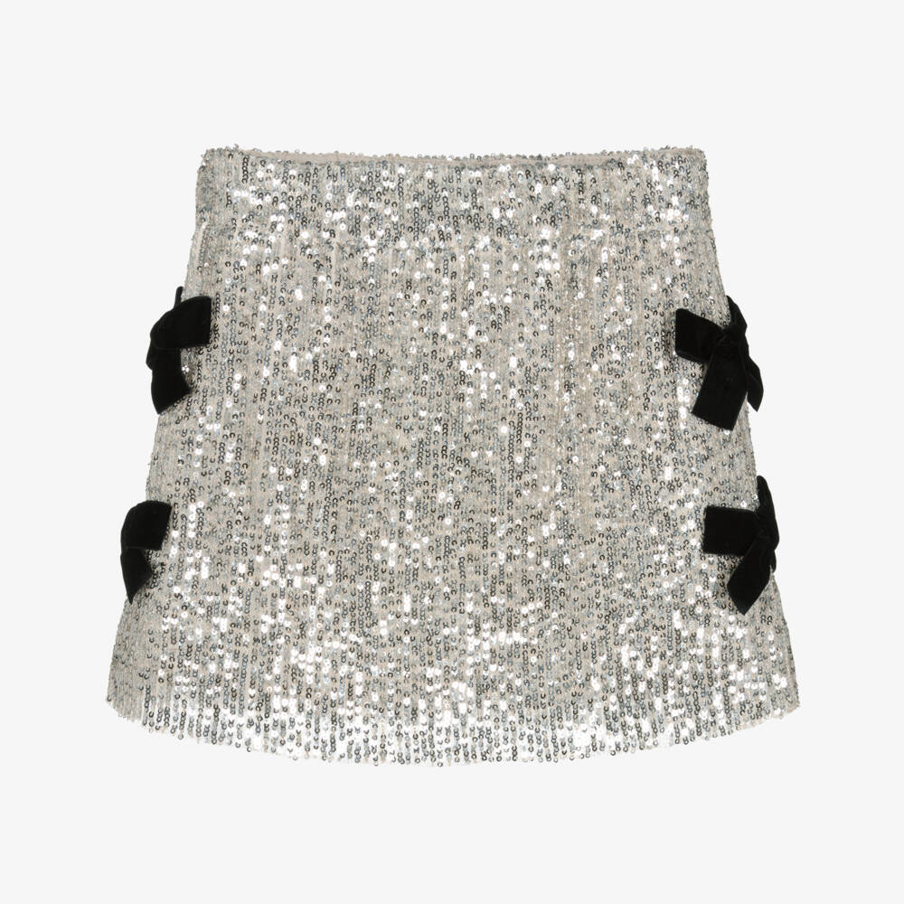Phi Clothing-Girls Beige Sequinned Skirt with Black Velvet Bows | Childrensalon Outlet