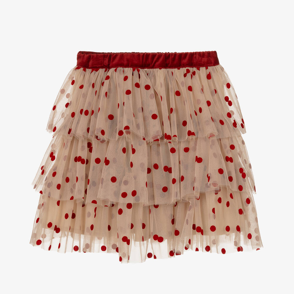 Phi Clothing - Girls Beige Tulle Polka Dot Skirt | Childrensalon
