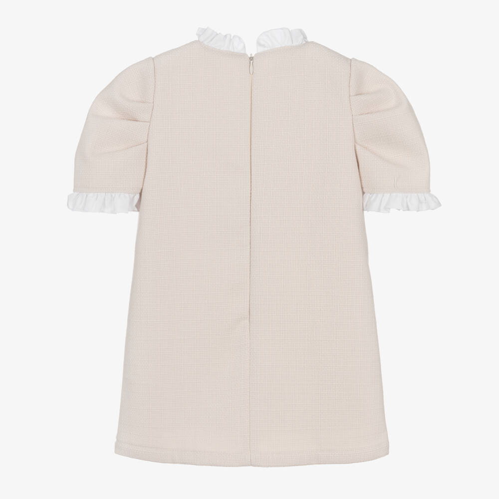 Phi Clothing-Girls Beige Tweed Dress with Ivory Bow | Childrensalon Outlet