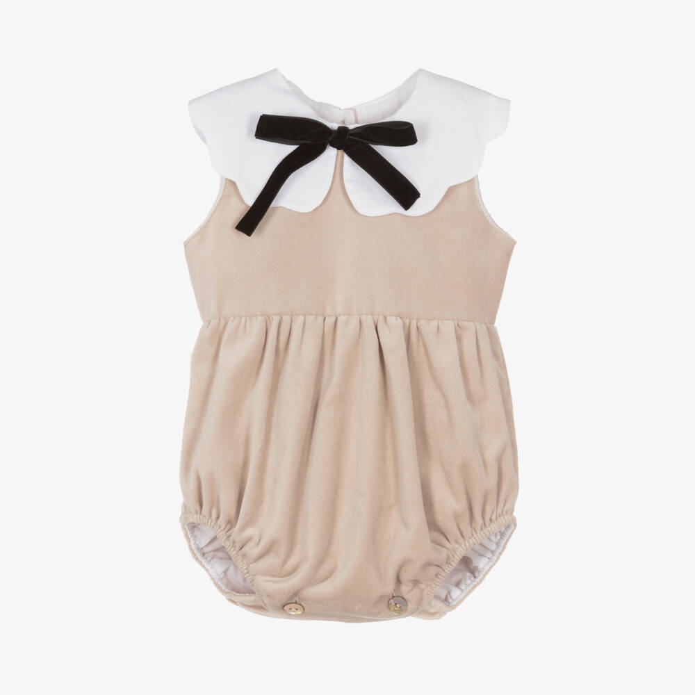 Phi Clothing-Girls Beige Velvet Baby Romper | Childrensalon Outlet