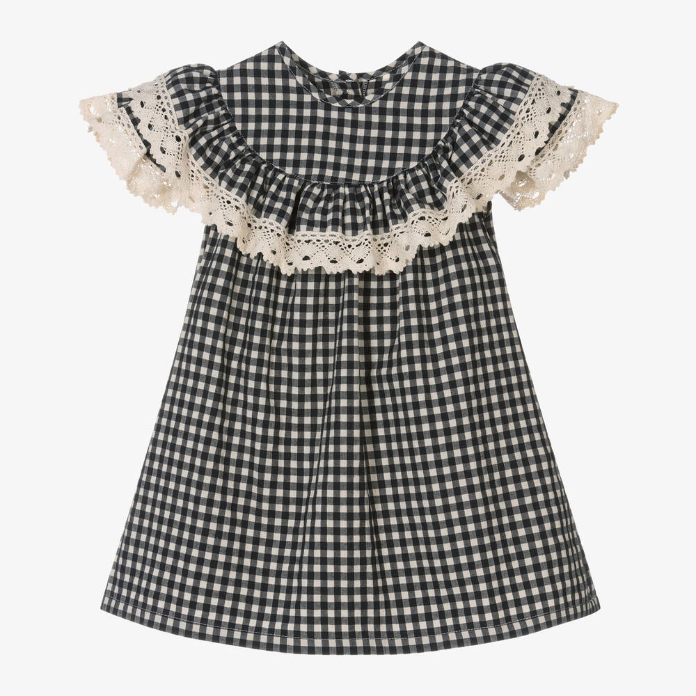 Phi Clothing-فستان قطن ودانتيل جينغهام لون أسود وعاجي | Childrensalon Outlet