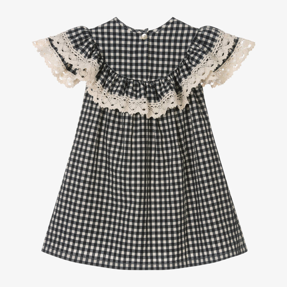 Phi Clothing-Girls Black Cotton Gingham & Lace Dress | Childrensalon Outlet