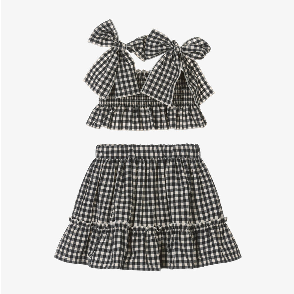 Phi Clothing-Girls Black Cotton Gingham Skirt Set | Childrensalon Outlet