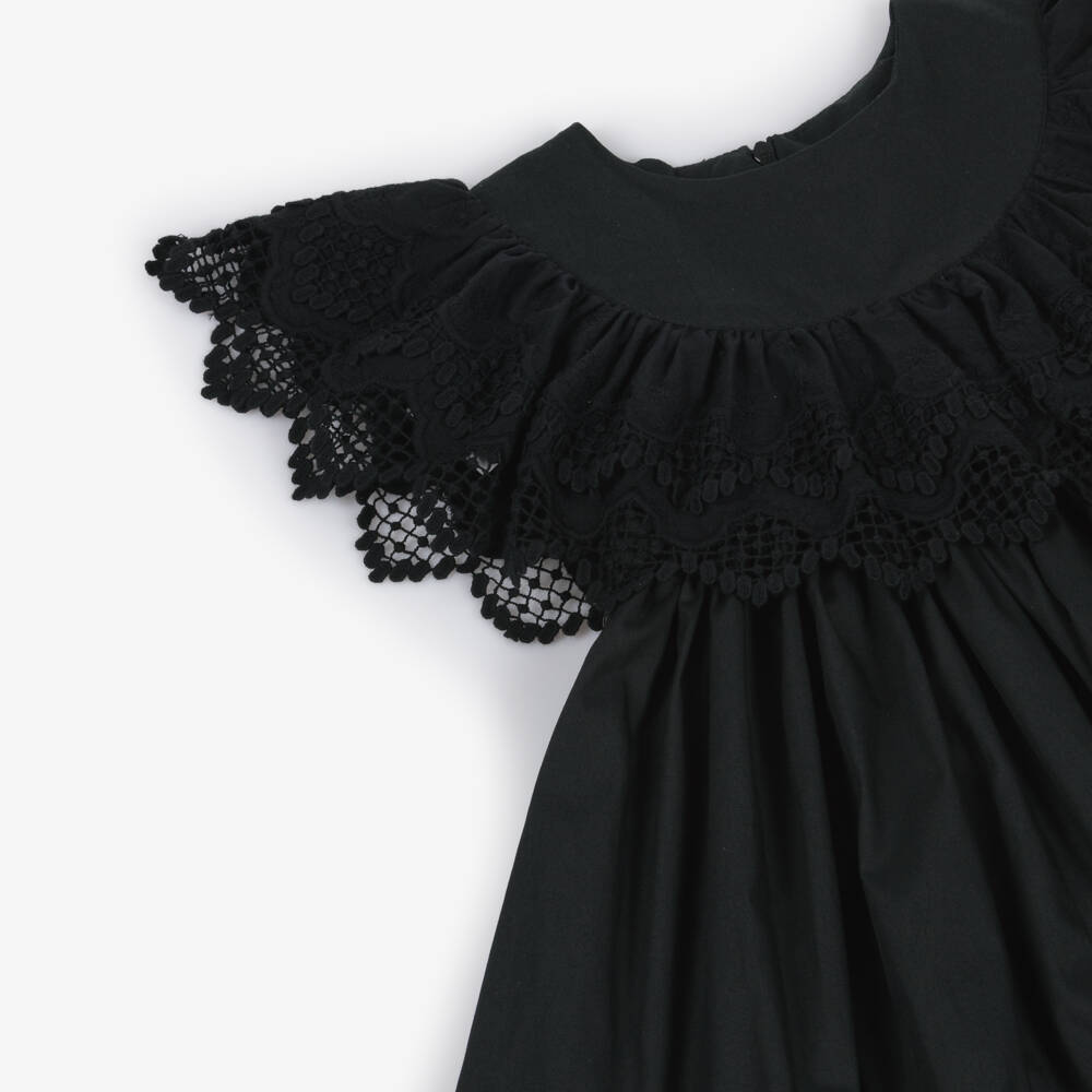 Phi Clothing-Черное хлопковое платье с кружевной отделкой для девочек | Childrensalon Outlet