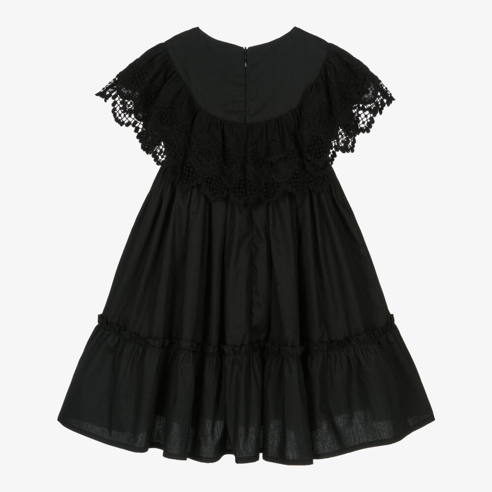 Phi Clothing-Черное хлопковое платье с кружевной отделкой для девочек | Childrensalon Outlet