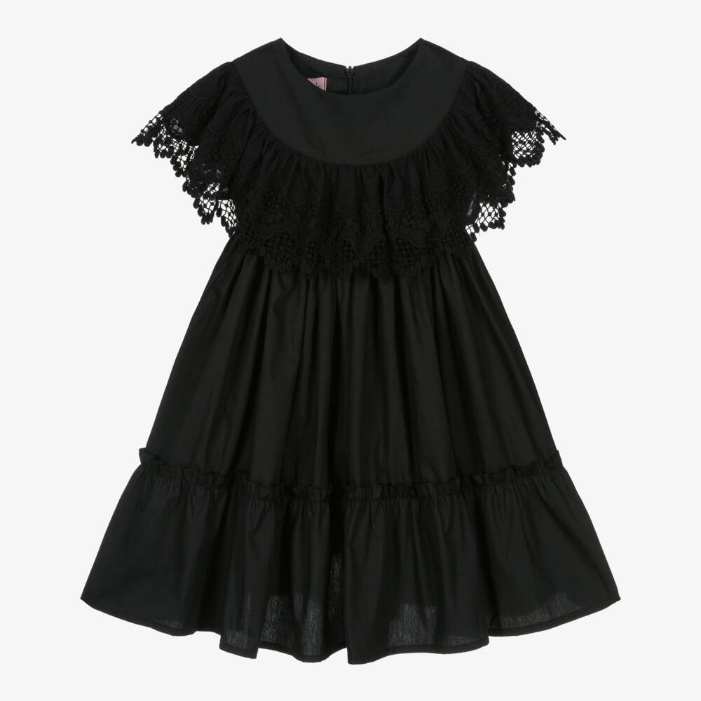 Phi Clothing-فستان قطني أسود للبنات مزين بالدانتيل | Childrensalon Outlet