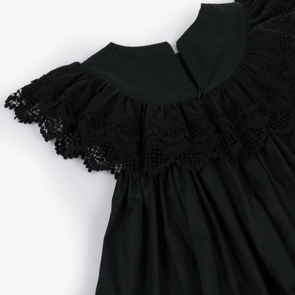 Phi Clothing-Черное хлопковое платье с кружевной отделкой для девочек | Childrensalon Outlet