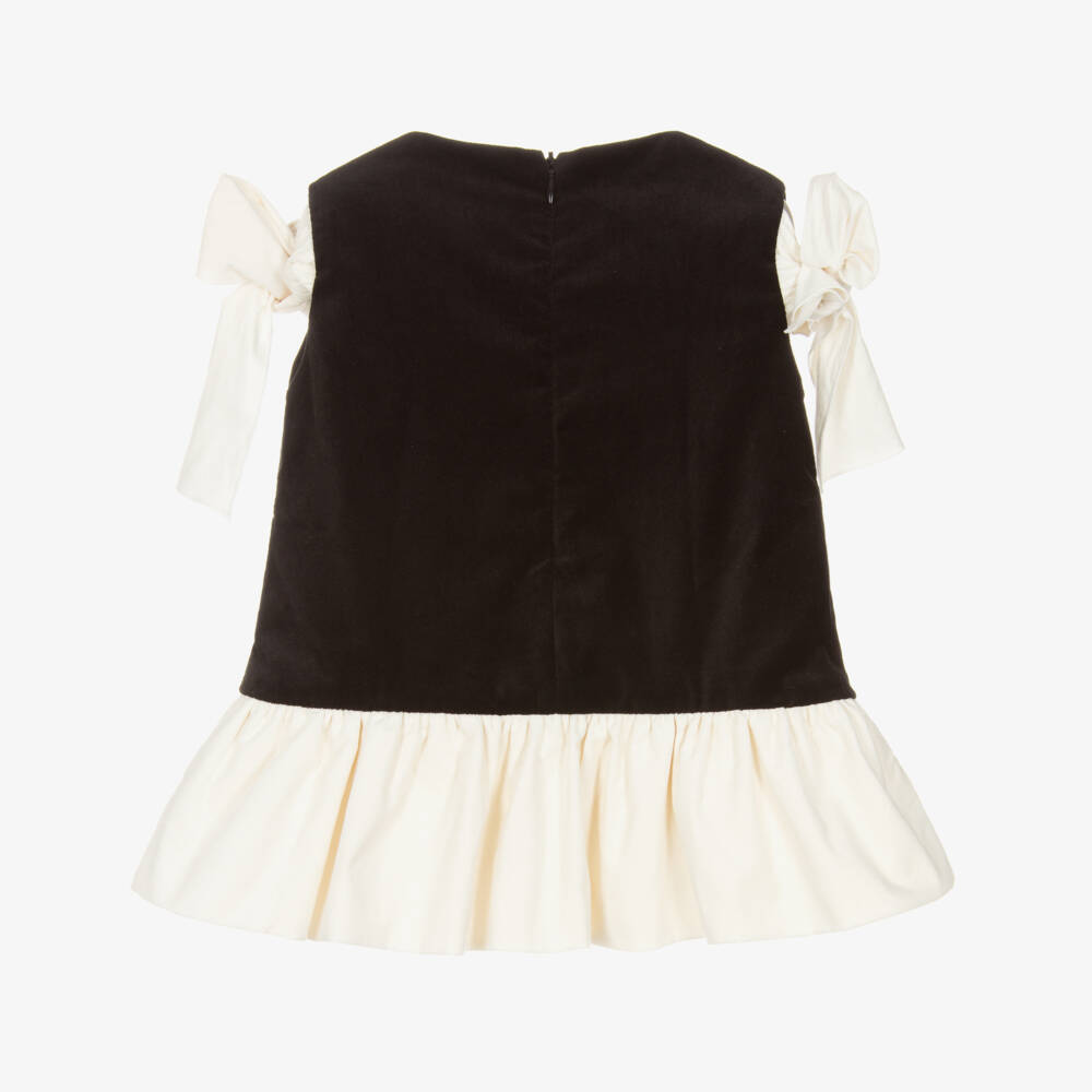 Phi Clothing-Girls Black Velvet Dress with Ivory Bows | Childrensalon Outlet