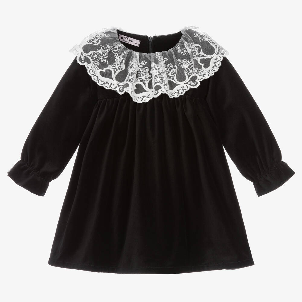 Phi Clothing - Girls Black Velvet & Lace Ruffle Dress | Childrensalon