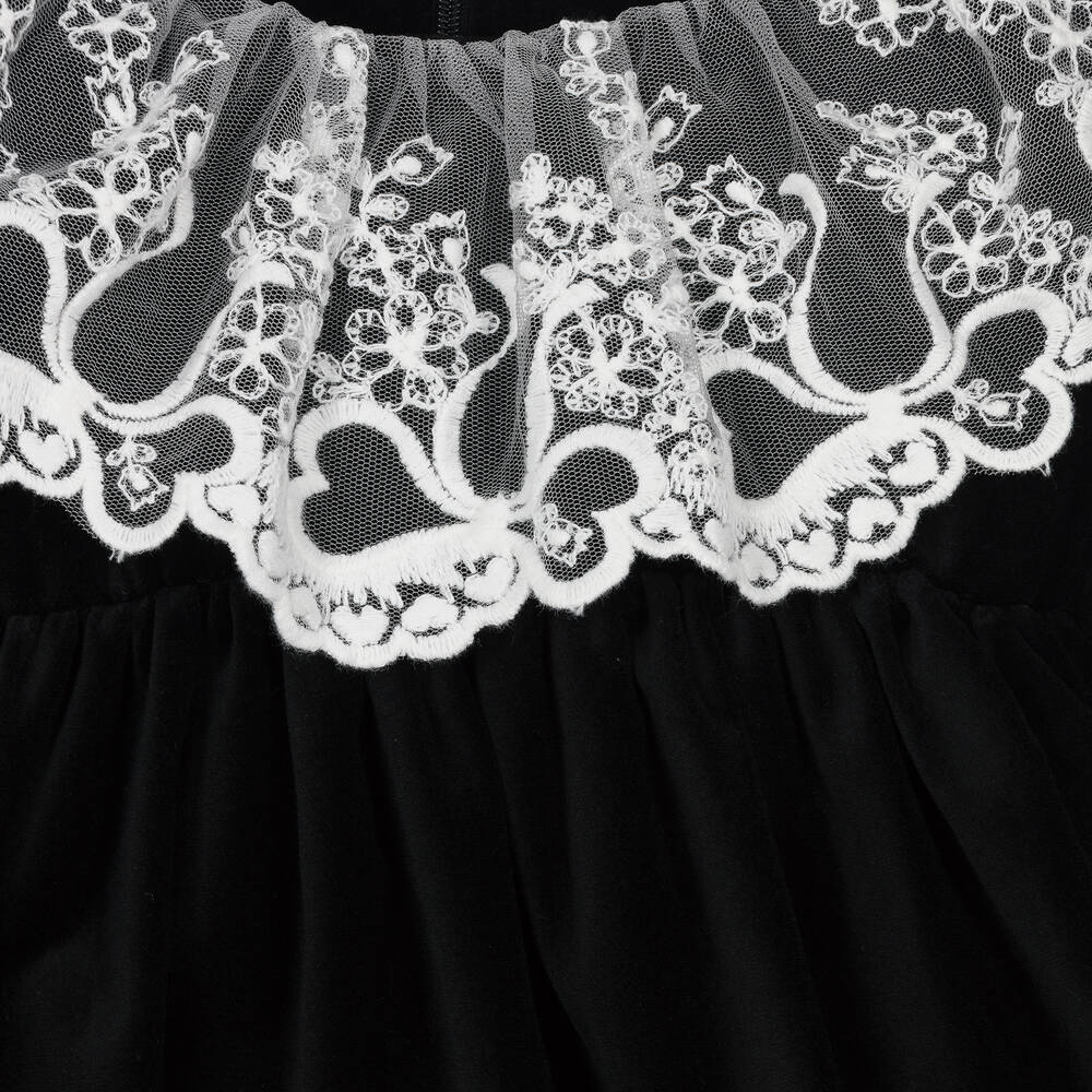 Phi Clothing-فستان قطن مخمل مزين بكشكش دانتيل لون أسود | Childrensalon Outlet