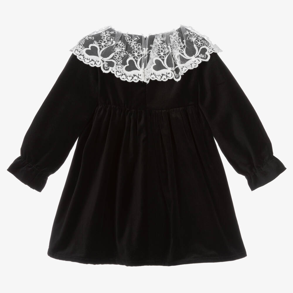 Phi Clothing-فستان قطن مخمل مزين بكشكش دانتيل لون أسود | Childrensalon Outlet