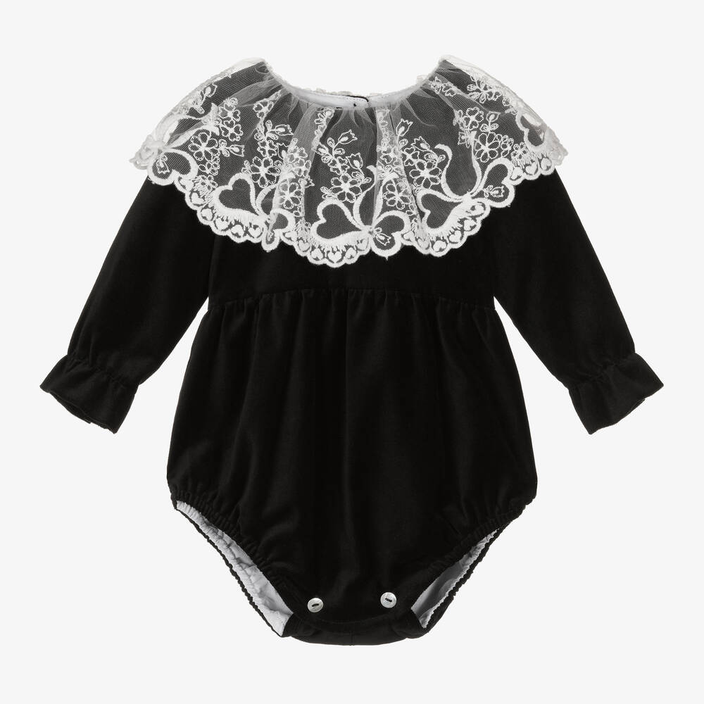 Phi Clothing-Черный бархатный песочник с кружевной оборкой | Childrensalon Outlet