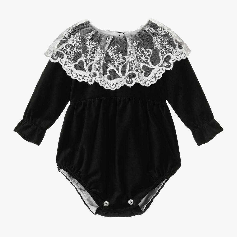 Phi Clothing - Barboteuse velours noir et dentelle | Childrensalon