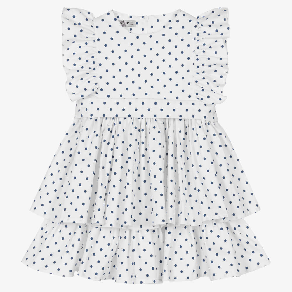 Phi Clothing - Robe coton blanc à pois noirs fille | Childrensalon