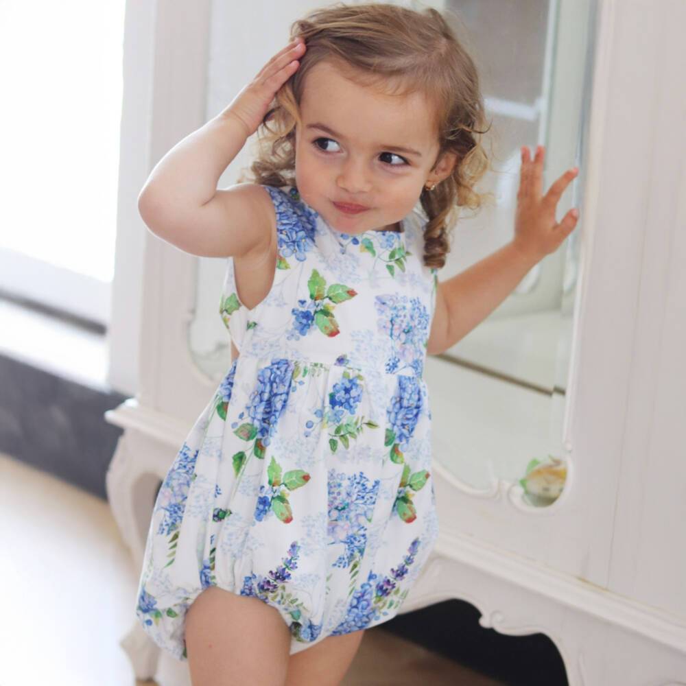 Phi Clothing-Girls Blue Blossom Cotton Romper | Childrensalon Outlet