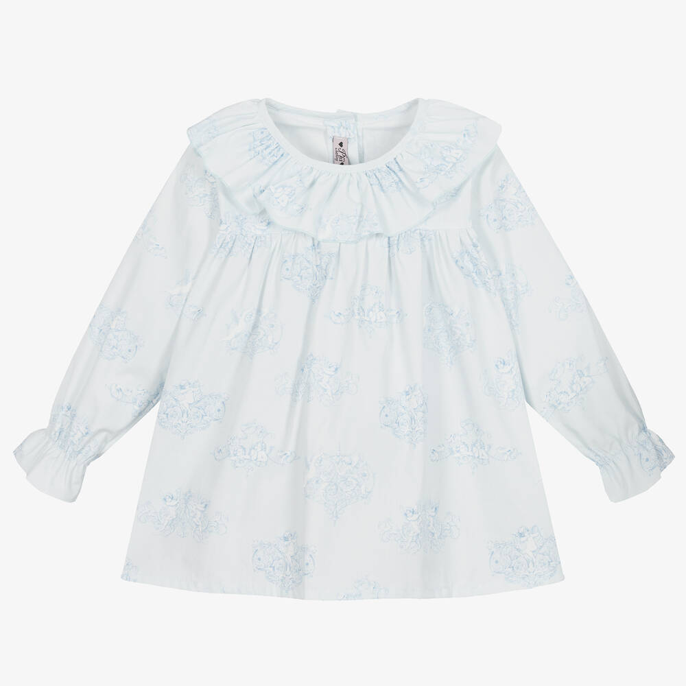 Phi Clothing - Голубая хлопковая блузка с рюшами и ангелами | Childrensalon