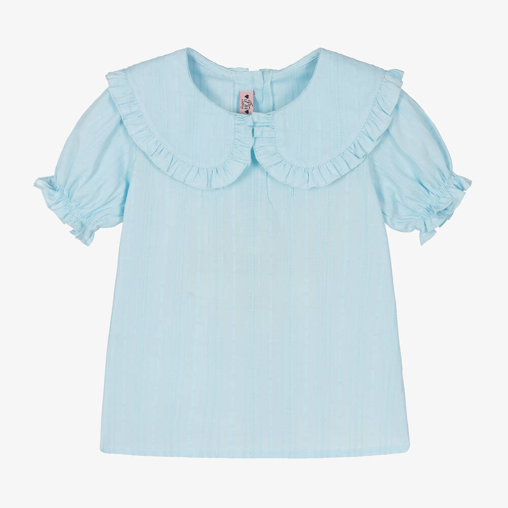 Phi Clothing-Girls Blue Cotton Frill Collar Blouse | Childrensalon Outlet