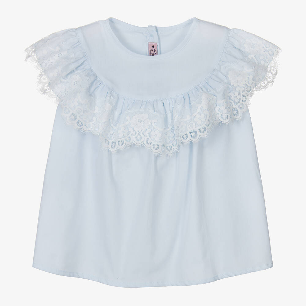Phi Clothing-Girls Blue Cotton & Lace Blouse | Childrensalon Outlet