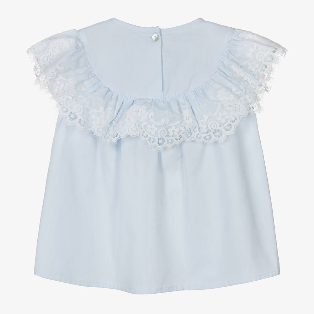 Phi Clothing-Girls Blue Cotton & Lace Blouse | Childrensalon Outlet