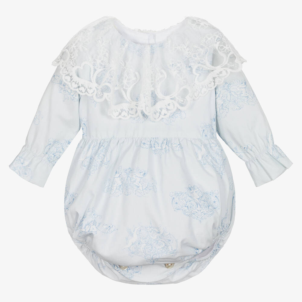 Phi Clothing - Barboteuse bleue coton et dentelle | Childrensalon