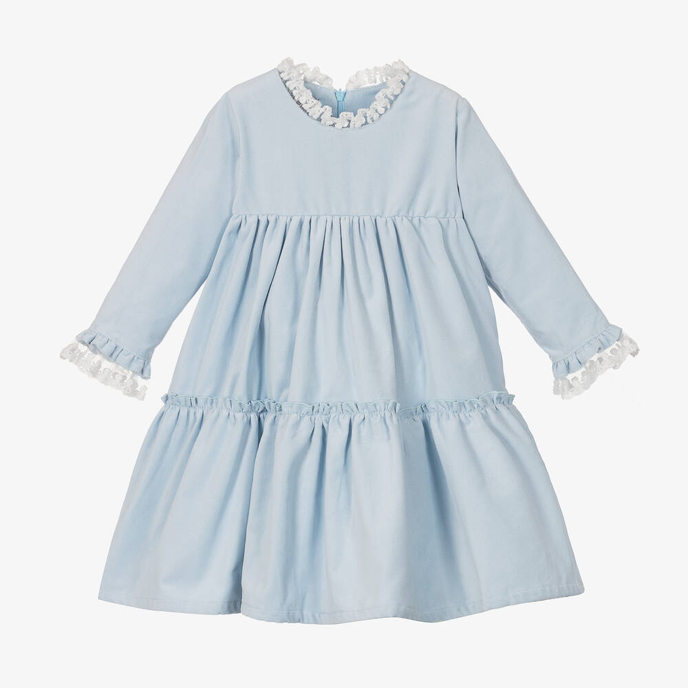 Phi Clothing - Girls Blue Cotton Velvet Dress | Childrensalon